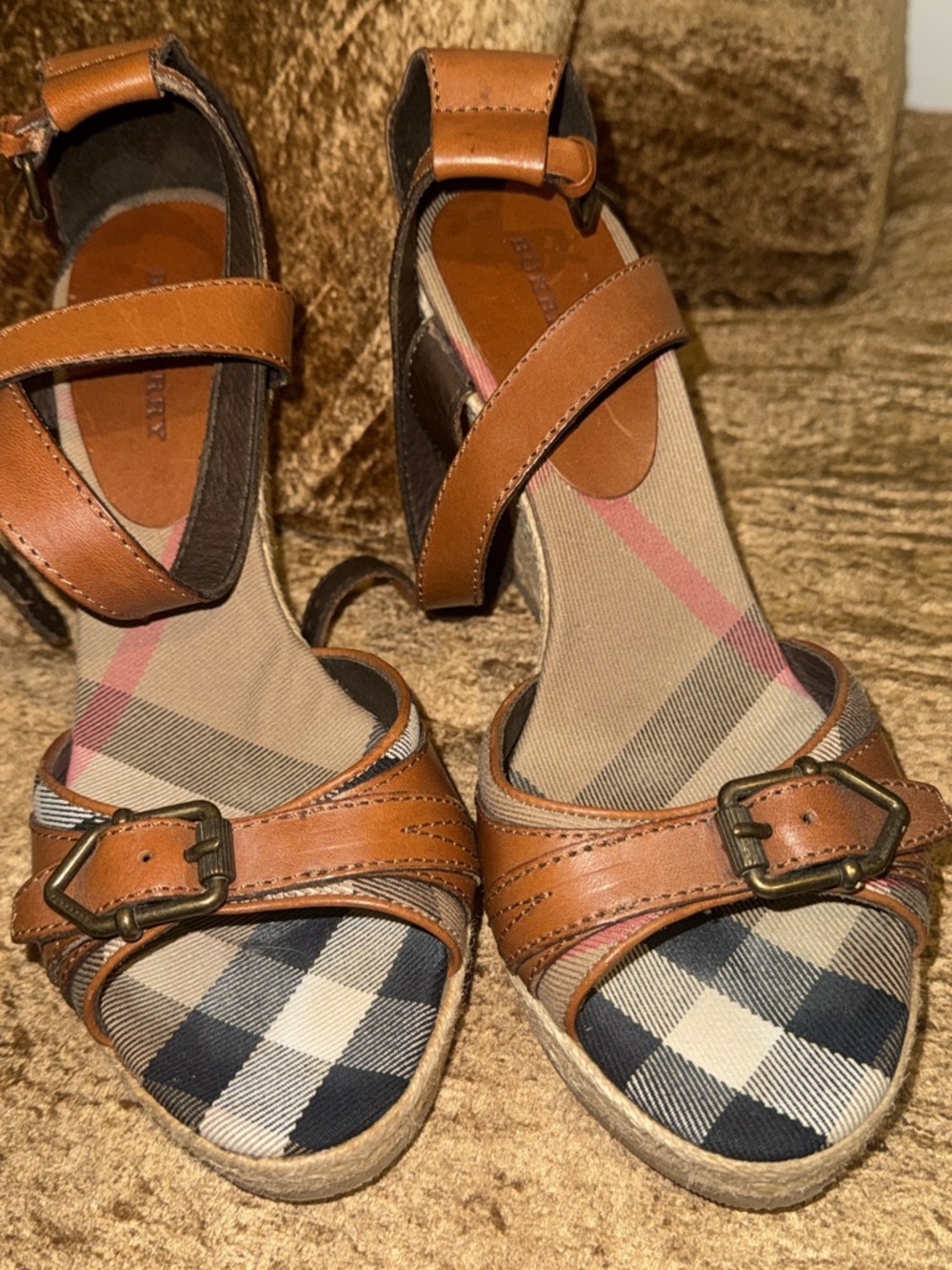 Burberry Tan Leather and Beige/Navy Plaid Wedge Sandals 39